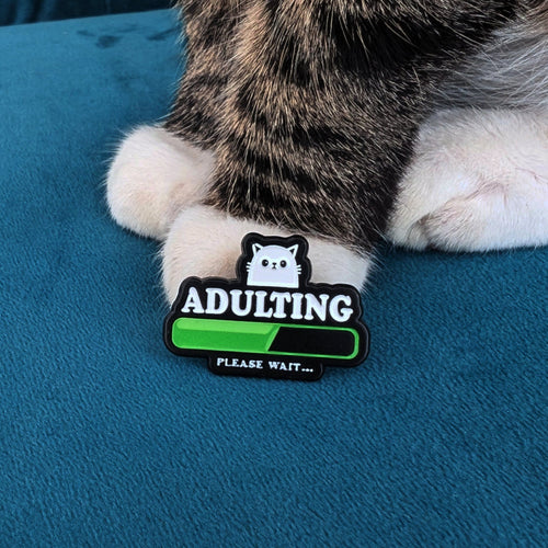 Cat pin with Adulting Please Wait loading bar — funny adulting gift