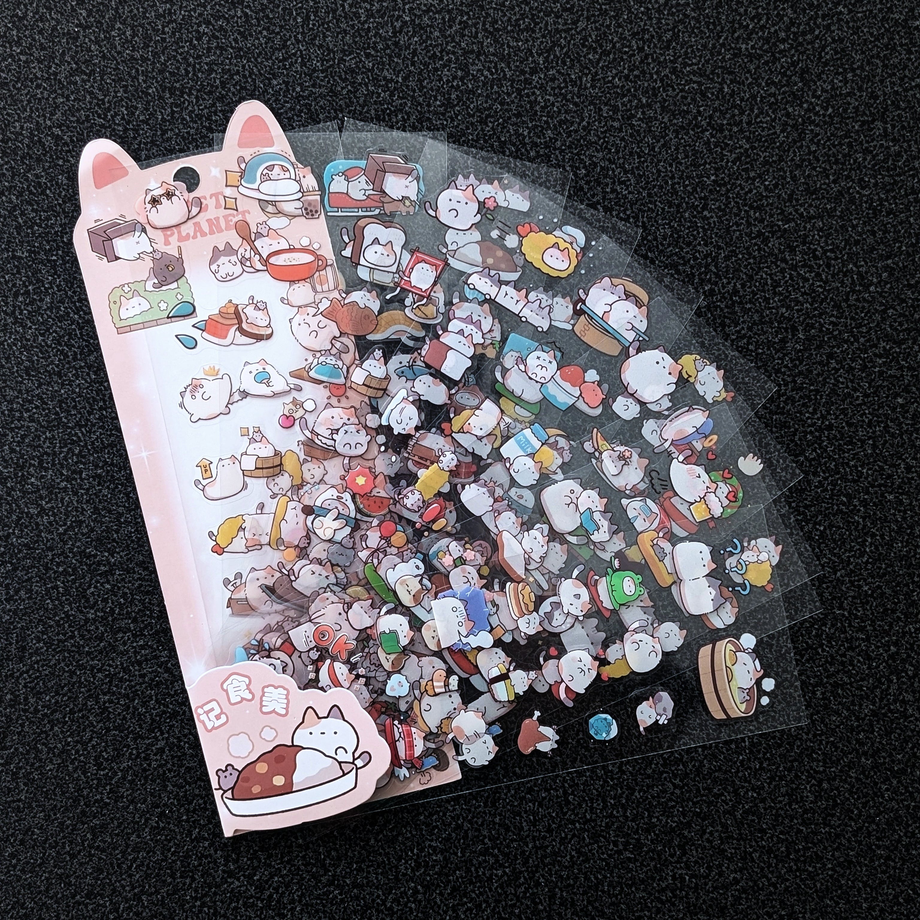 Cute waterproof calico cat stickers — kawaii orange, black and white cat designs