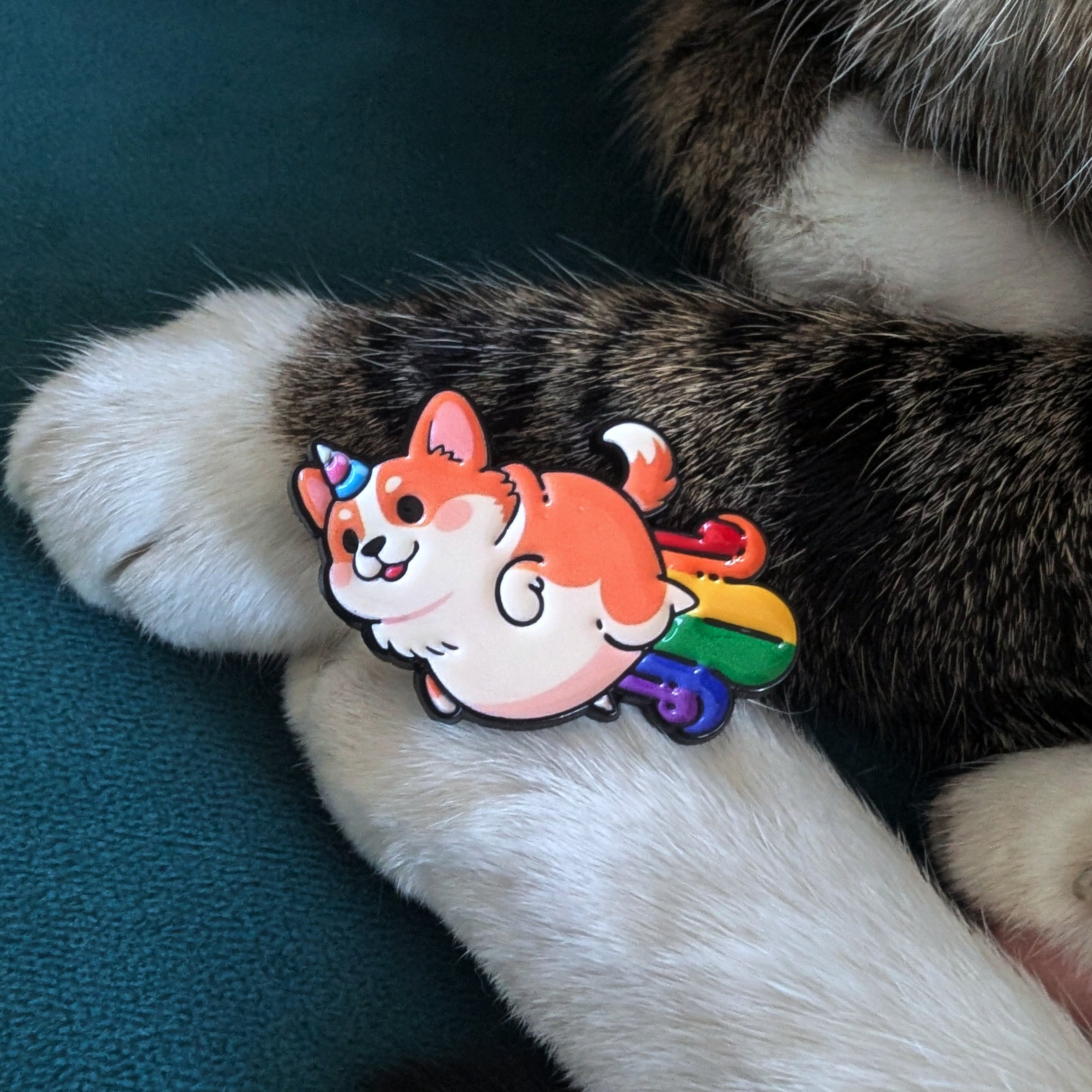Corgi unicorn enamel pin with rainbow trail