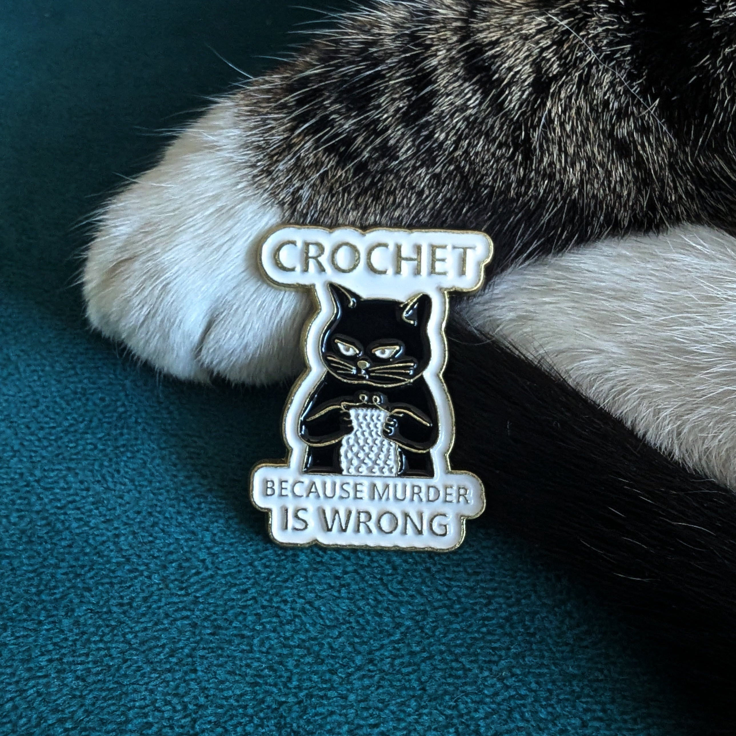Crochet cat enamel pin — gift for crocheters and yarn lovers