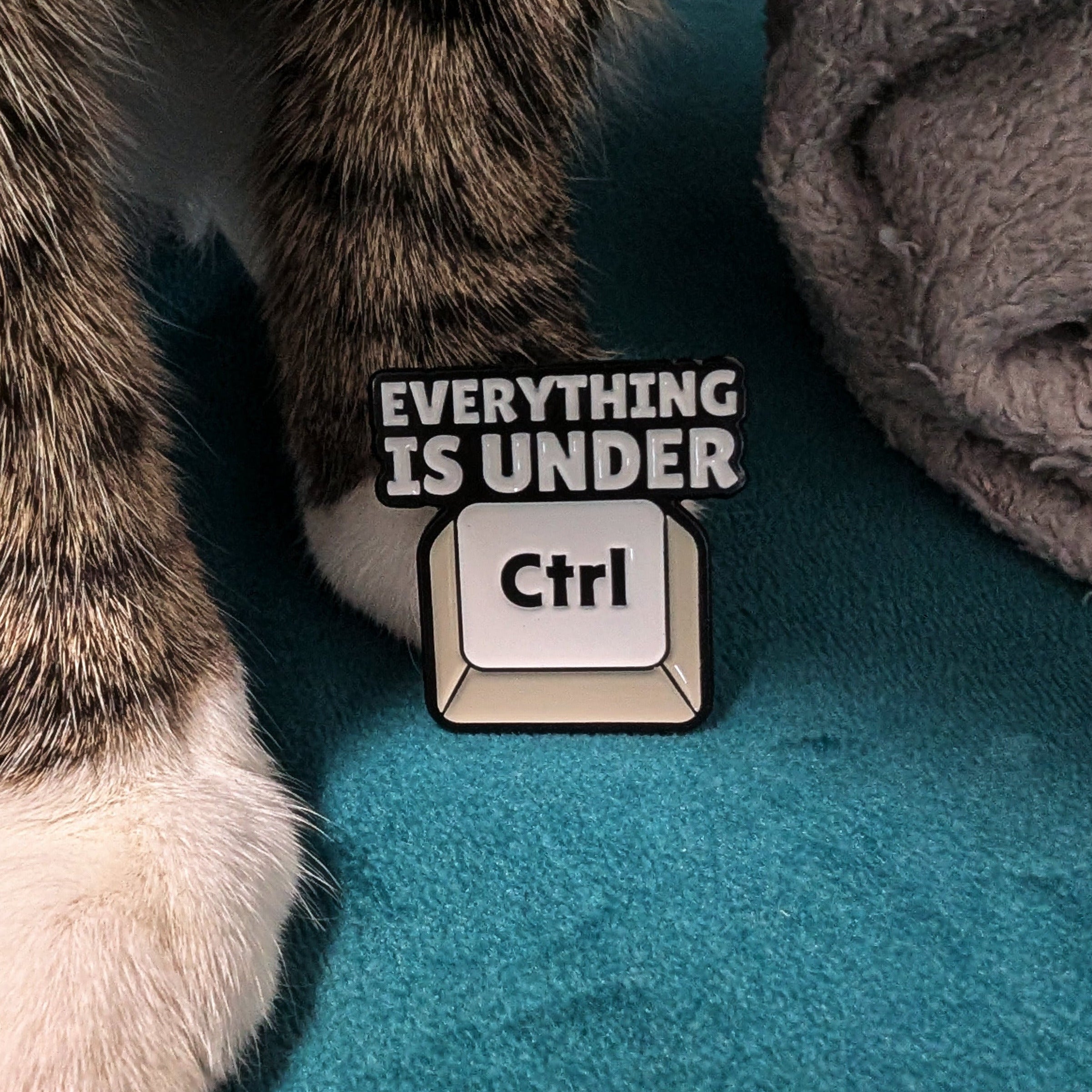 Ctrl key enamel pin with “Everything Is Under Ctrl” text