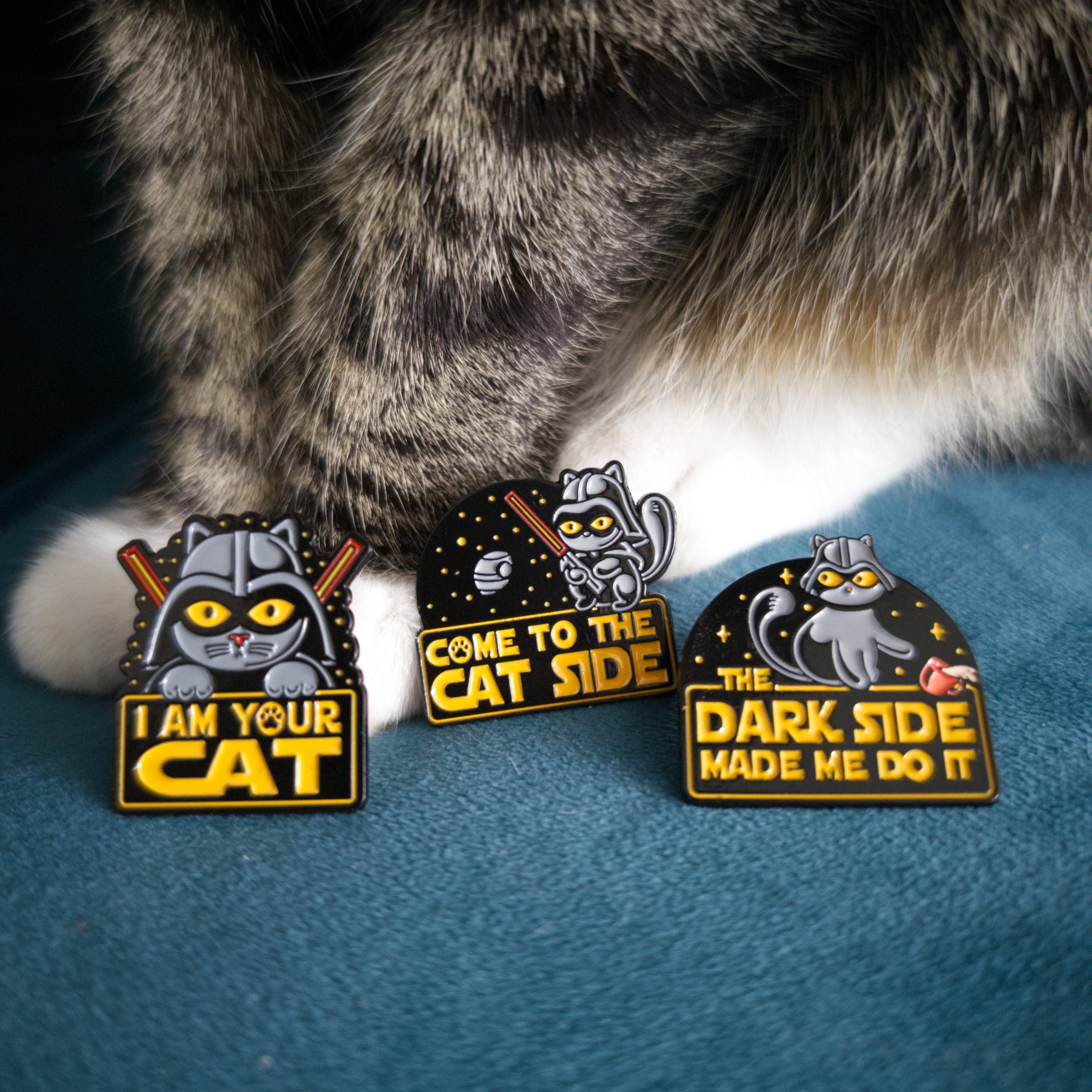 Three cat-themed pins on a blue surface with a cat's paw in the background.