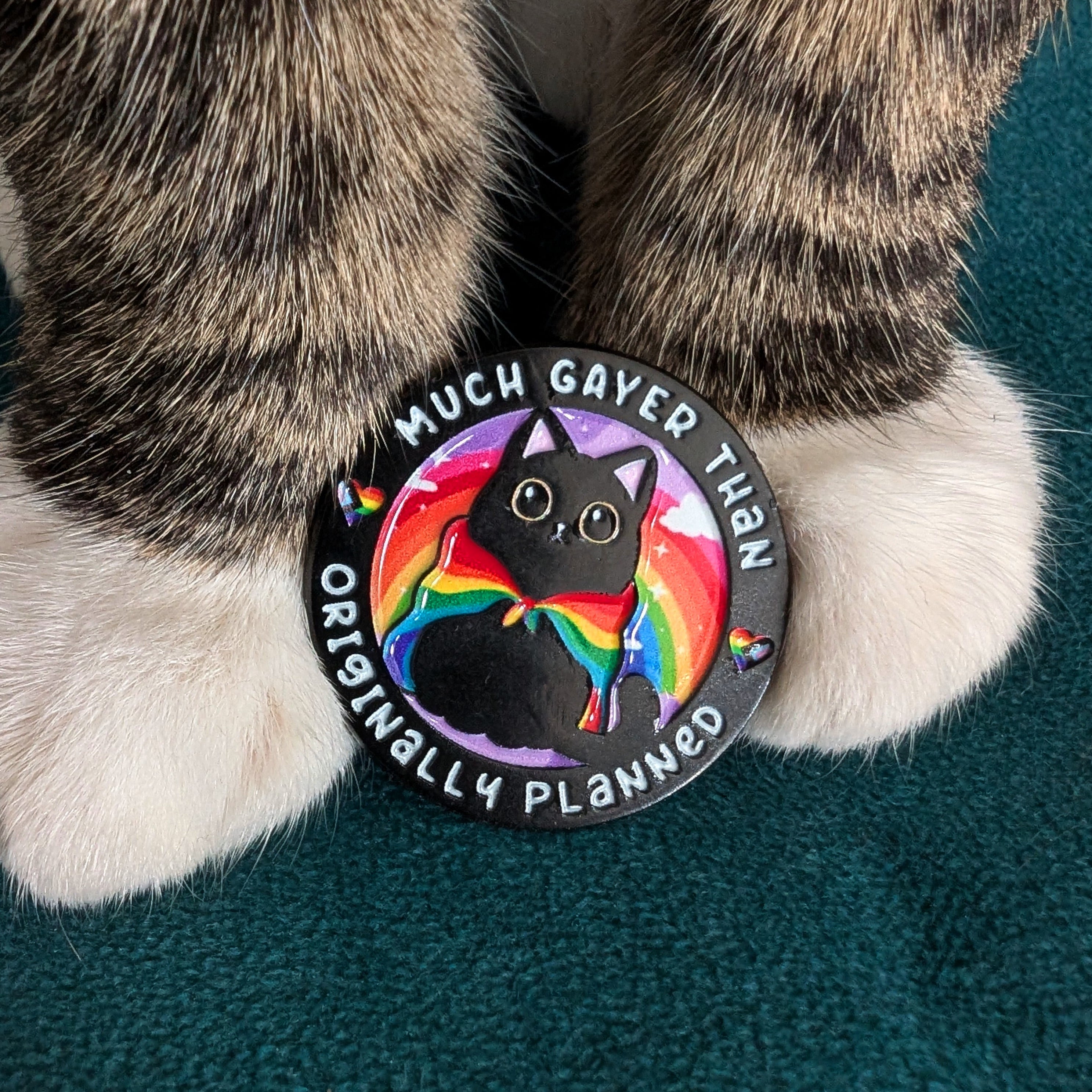 A round enamel pin featuring a black cat wearing a rainbow cape, surrounded by the text 'MUCH GAYER THAN Originally Planned,' displayed on a dark teal textured surface with a cat's paws in the background.