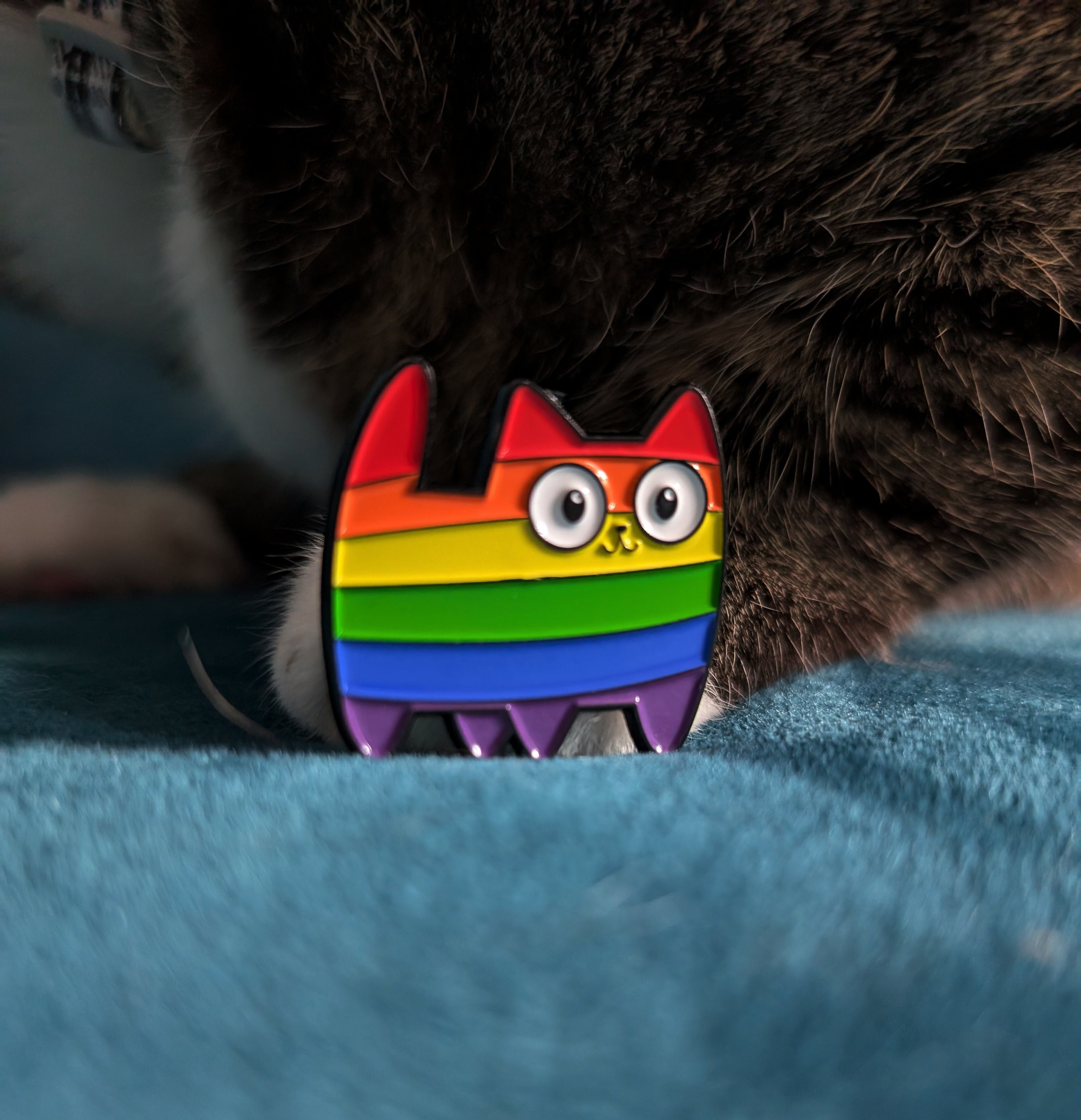 Colorful pride rainbow cat-shaped object on a fluffy brown animal with a blue background