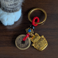 Lucky Cat Keyring Pure Brass with Five Emperor Coins