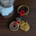 Lucky Cat Keyring Pure Brass with Five Emperor Coins