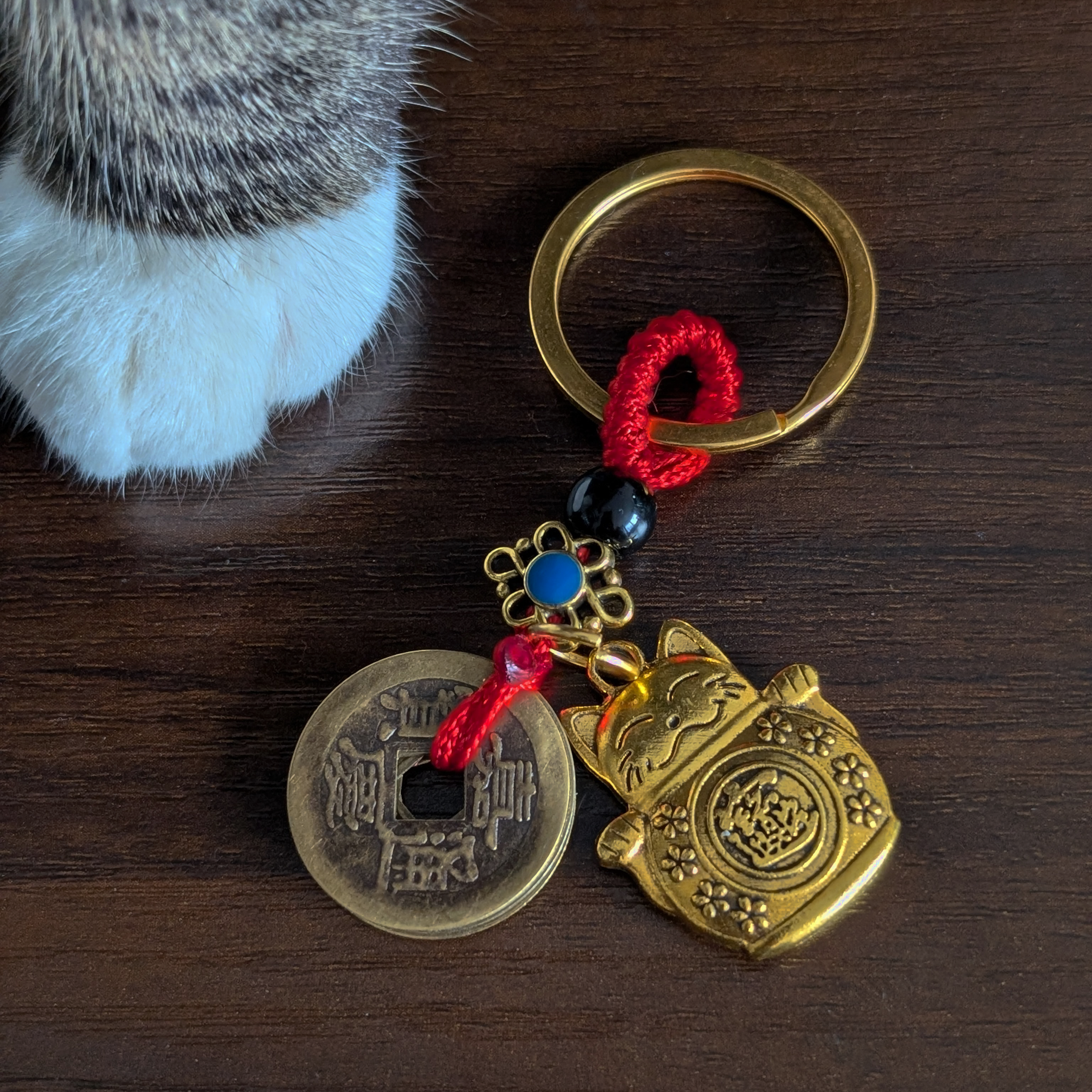 Lucky Cat Keyring Pure Brass with Five Emperor Coins