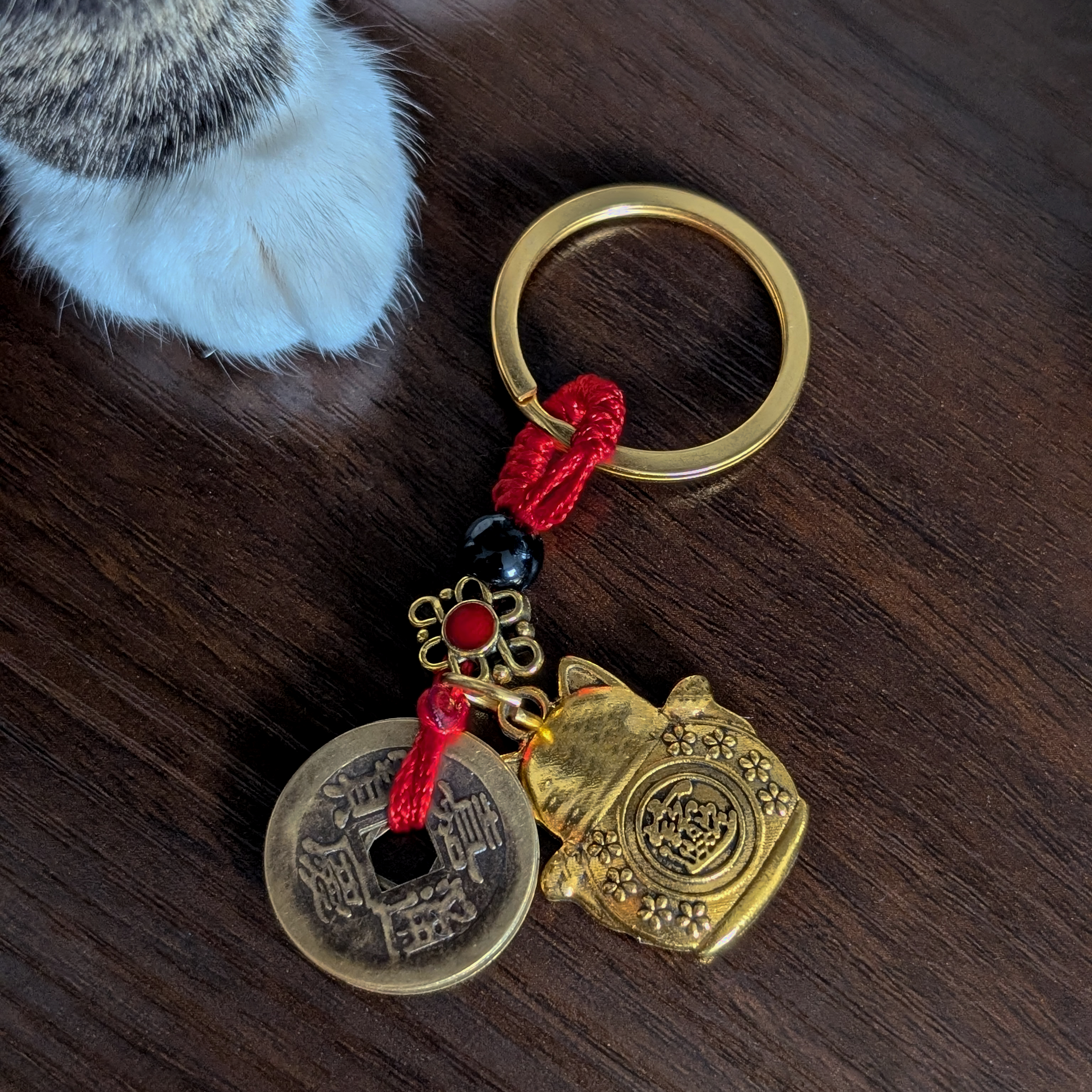 Lucky Cat Keyring Pure Brass with Five Emperor Coins