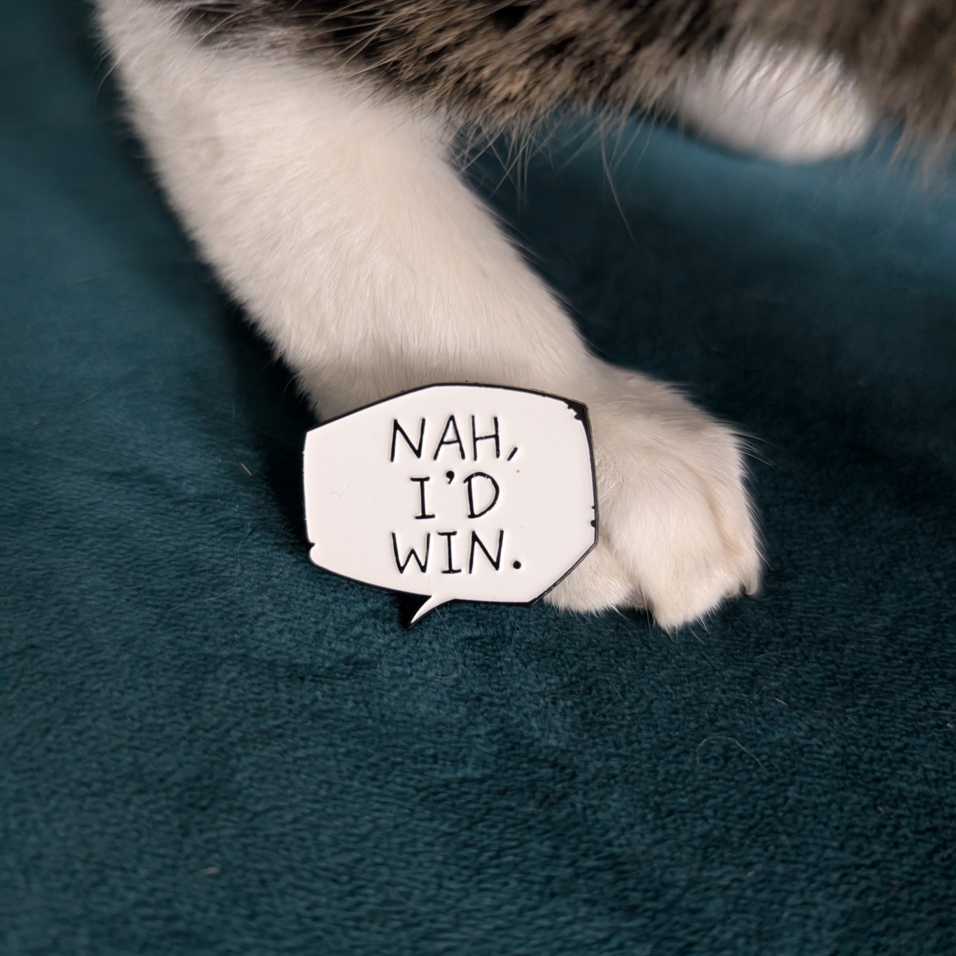 Cat paw with a speech bubble saying 'Nah, I'd win' on a teal background