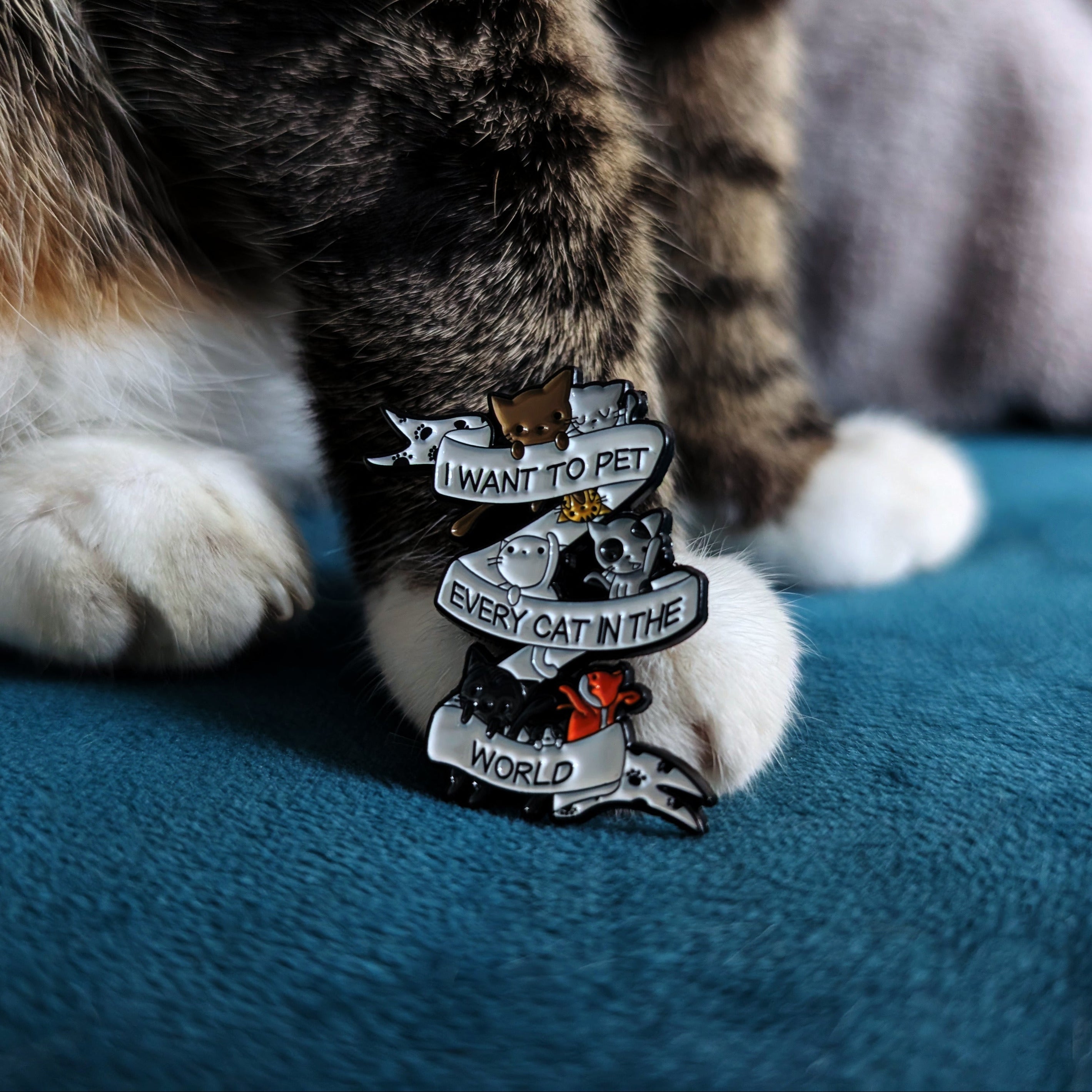 A cat paw holding a small enamel pin that reads 'I WANT TO PET EVERY CAT IN THE WORLD'.