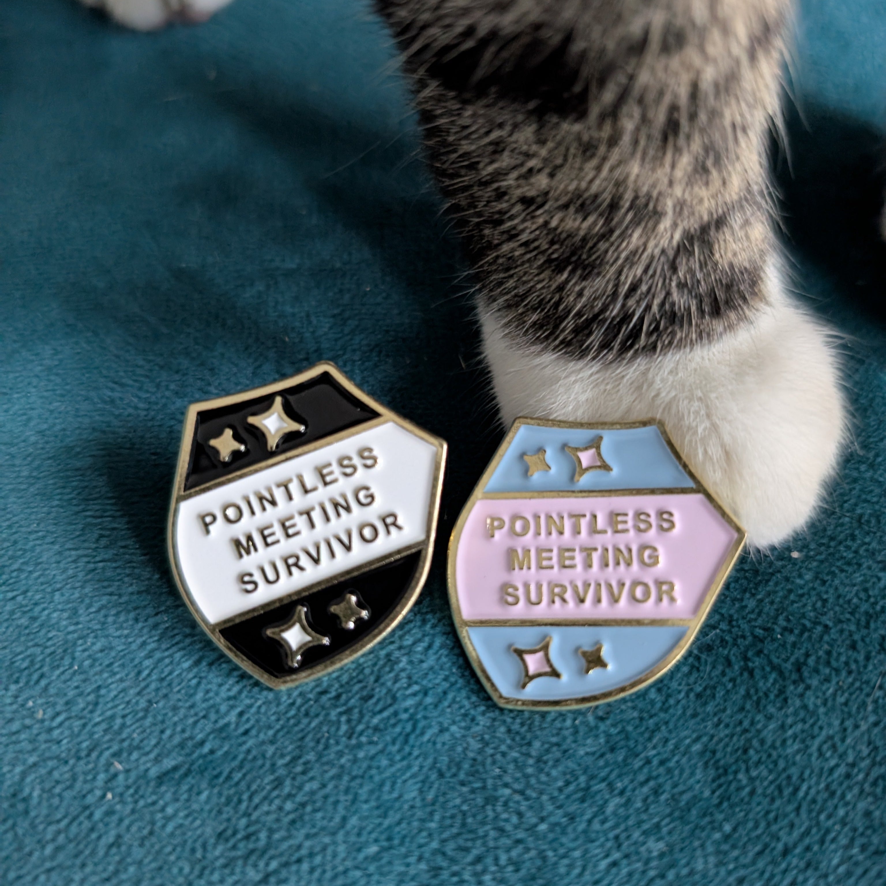 Two 'Pointless Meeting Survivor' pins on a teal surface with a cat's paw in the background.
