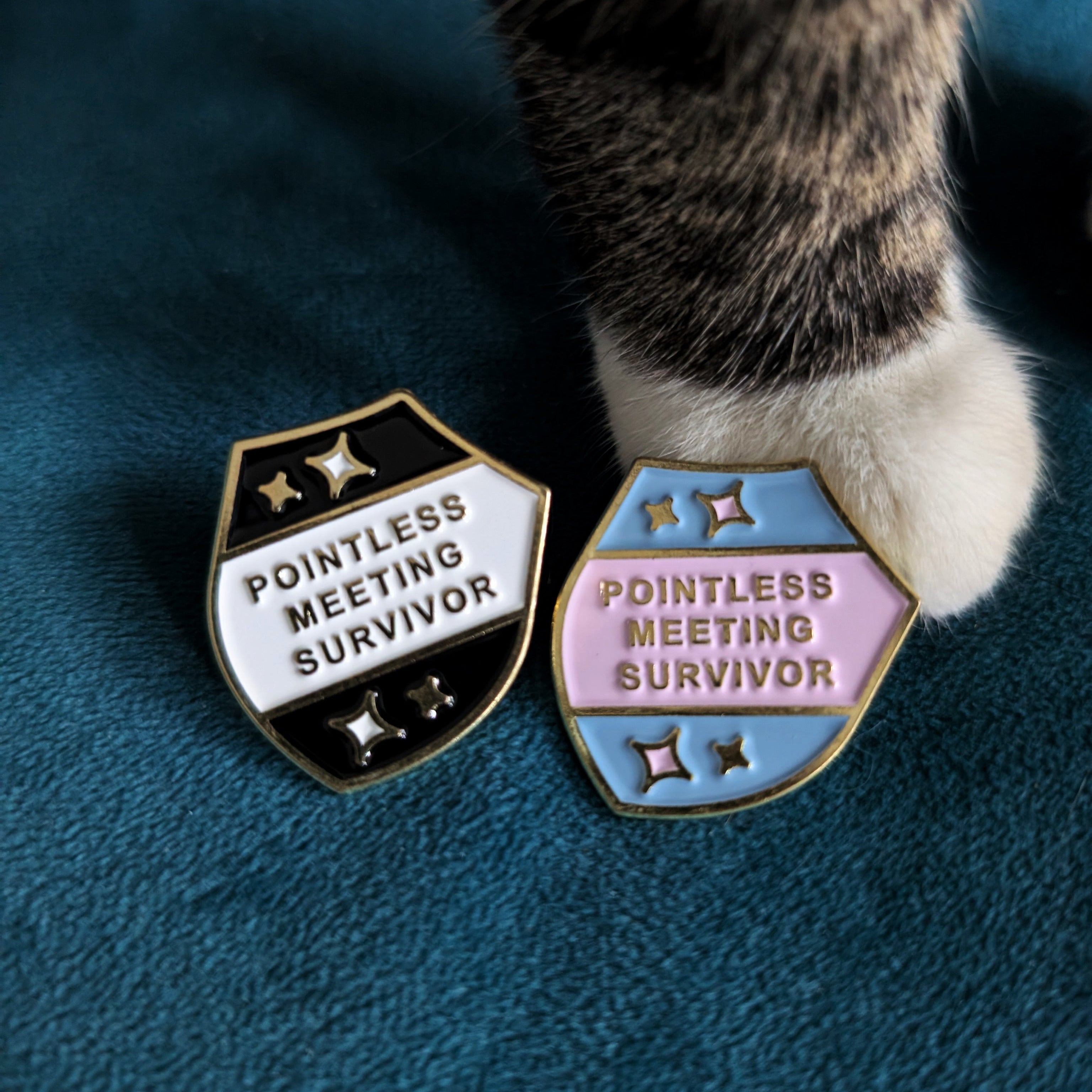 Two enamel pointless meeting survivor pin badges, one black and white with gold trim and the other light blue and pink.