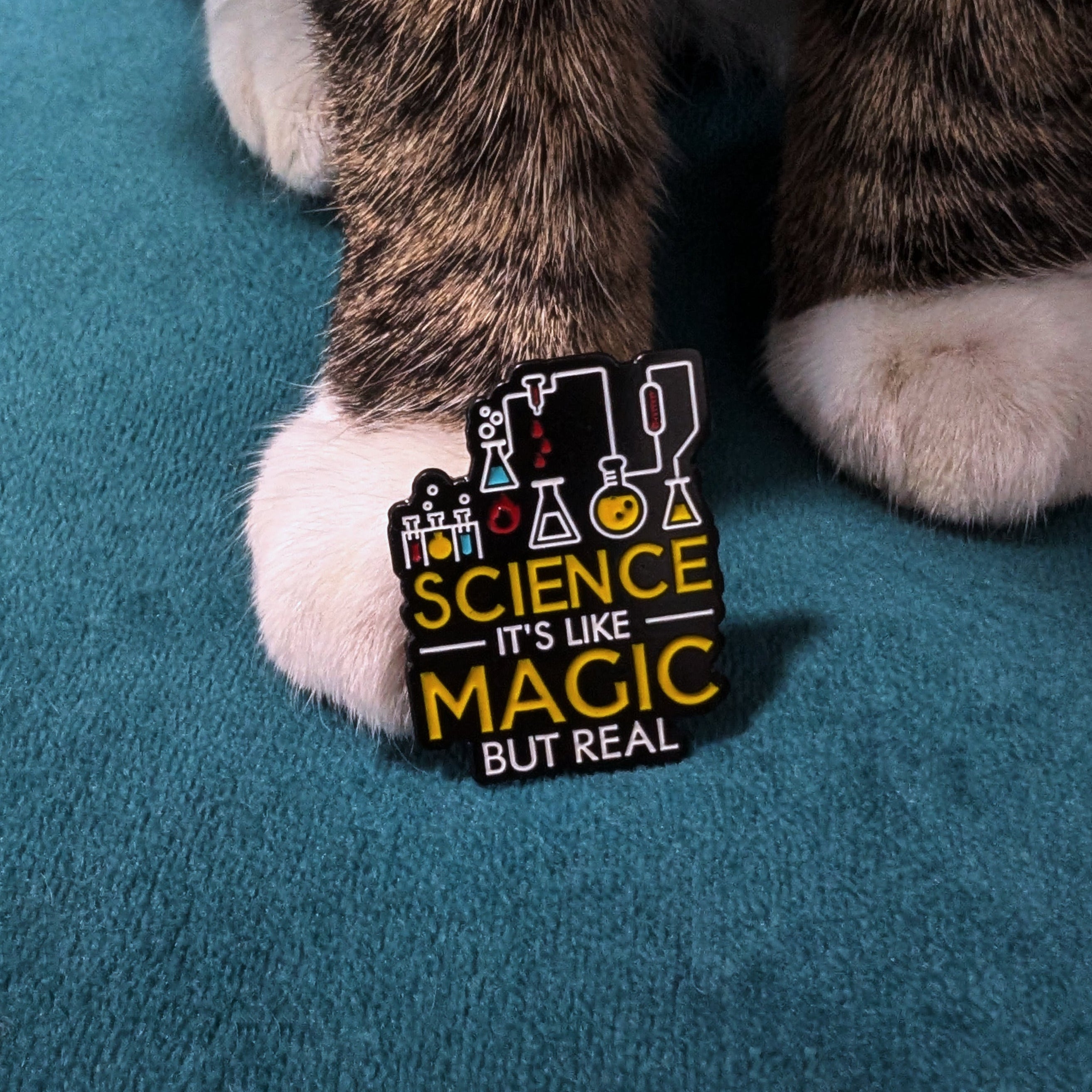 Enamel pin placed on the paw. The pin is black with white and yellow text reading 'SCIENCE IT'S LIKE MAGIC BUT REAL'.