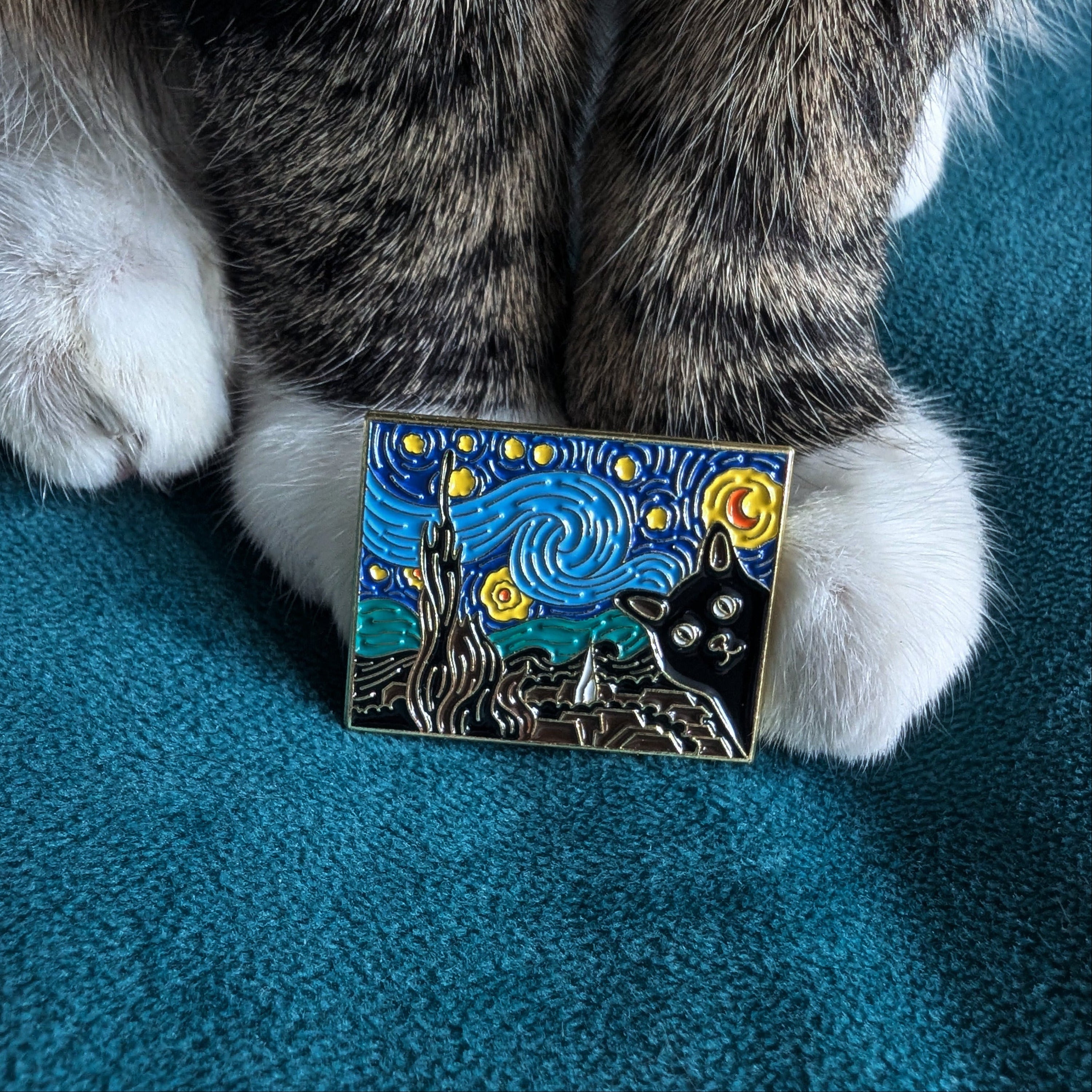 Starry Night Van Gogh cat enamel pin — black cat art pin