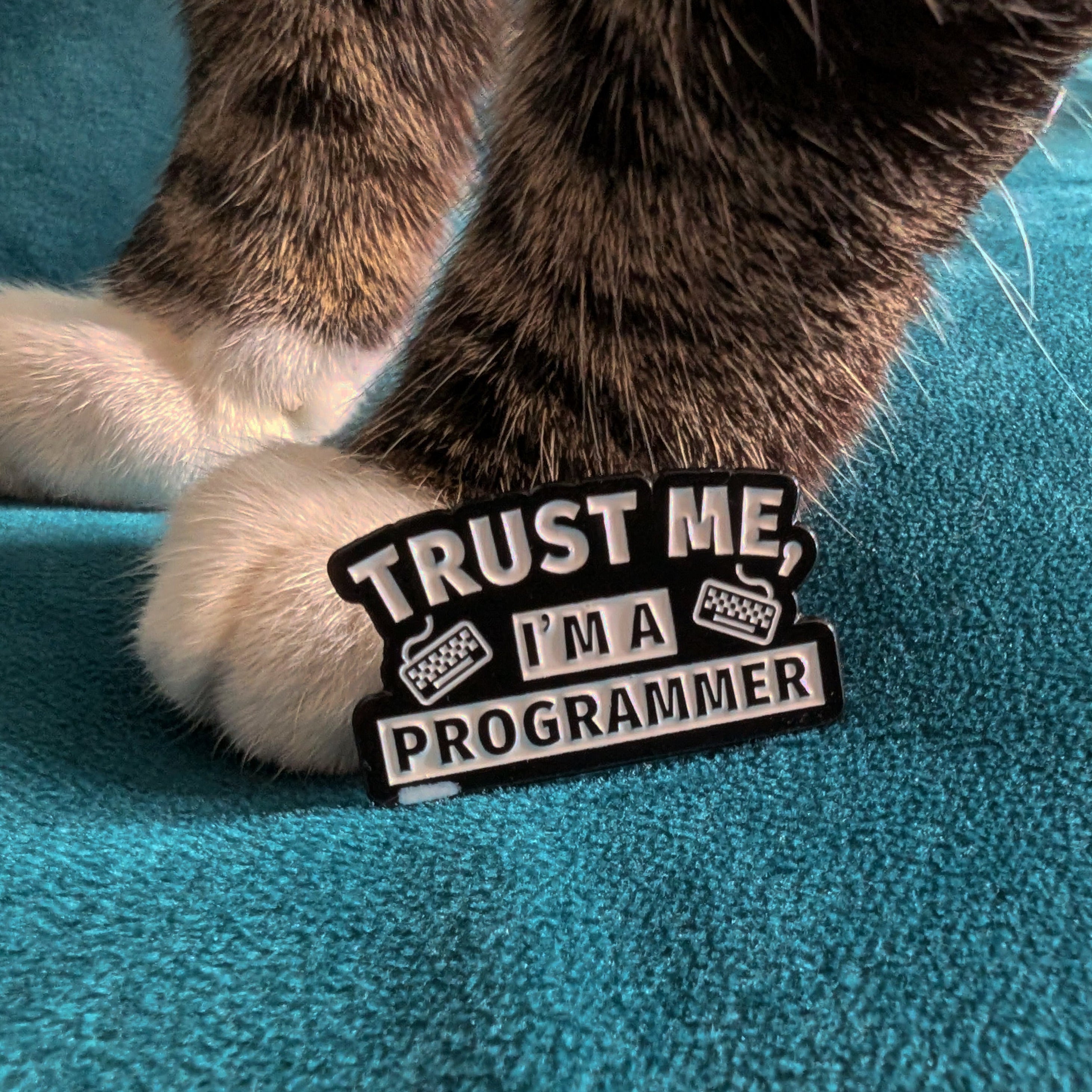A close-up of a cat's front paws resting on a teal textured blanket, with a small black and white enamel pin that reads 'TRUST ME, I'M A PROGRAMMER' placed near the paws.